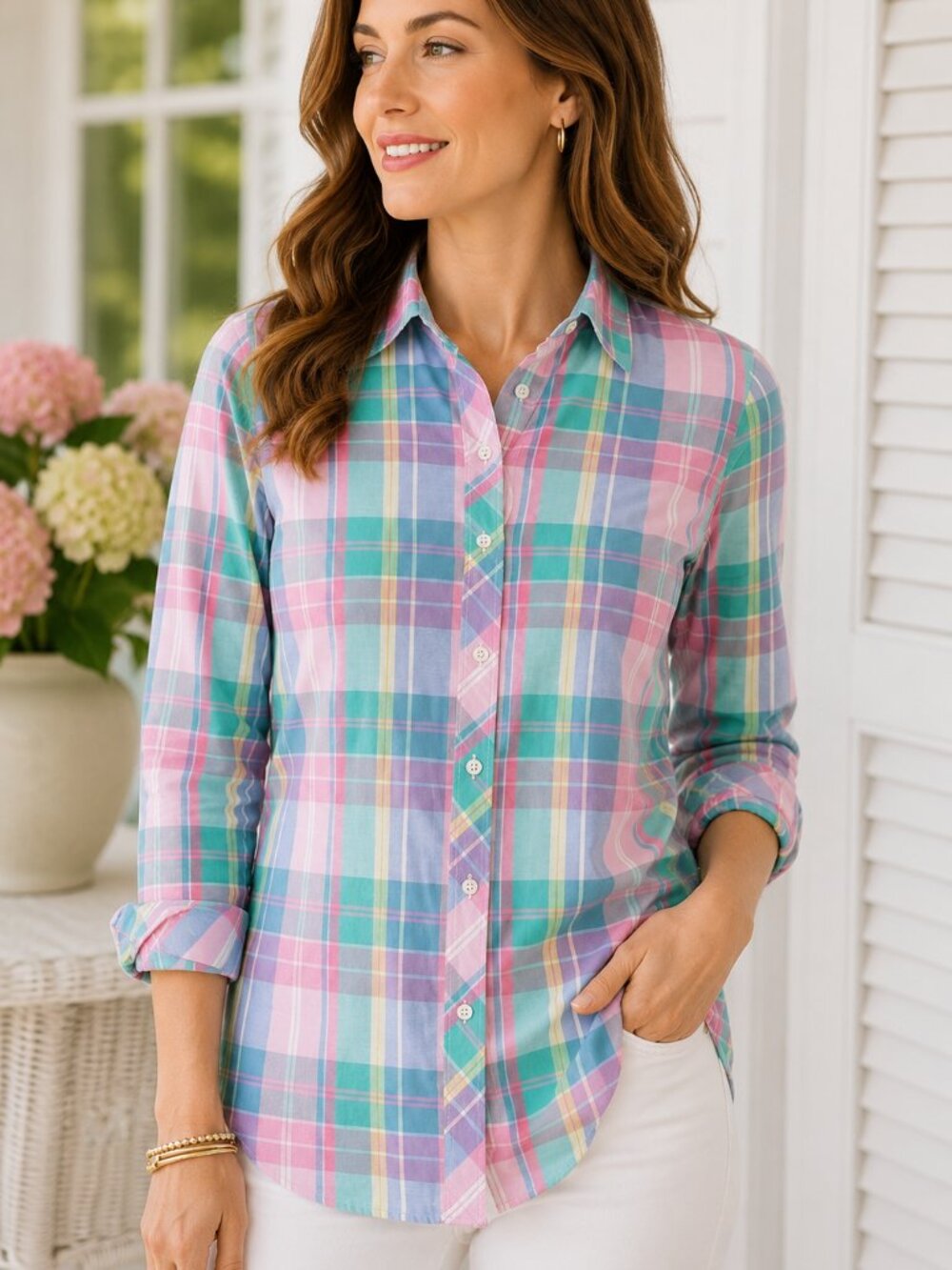 Talbots Madras Plaid Button Down Shirt 100% Cotton Pink Green Blue XS